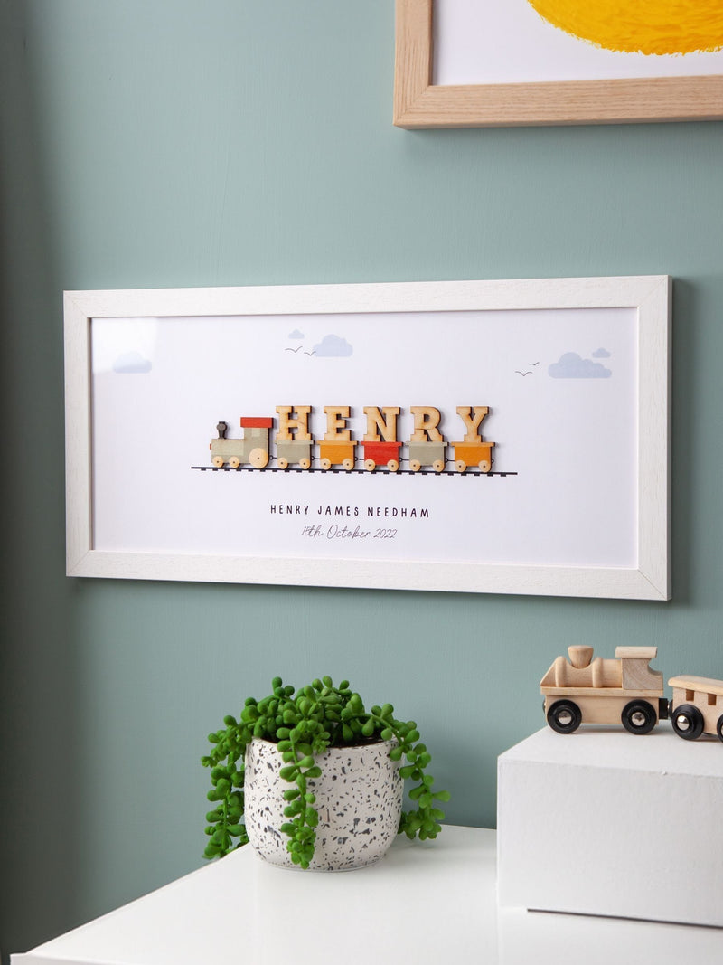 No Ordinary Gift wooden train personalised framed print 18x40cm (British brand)