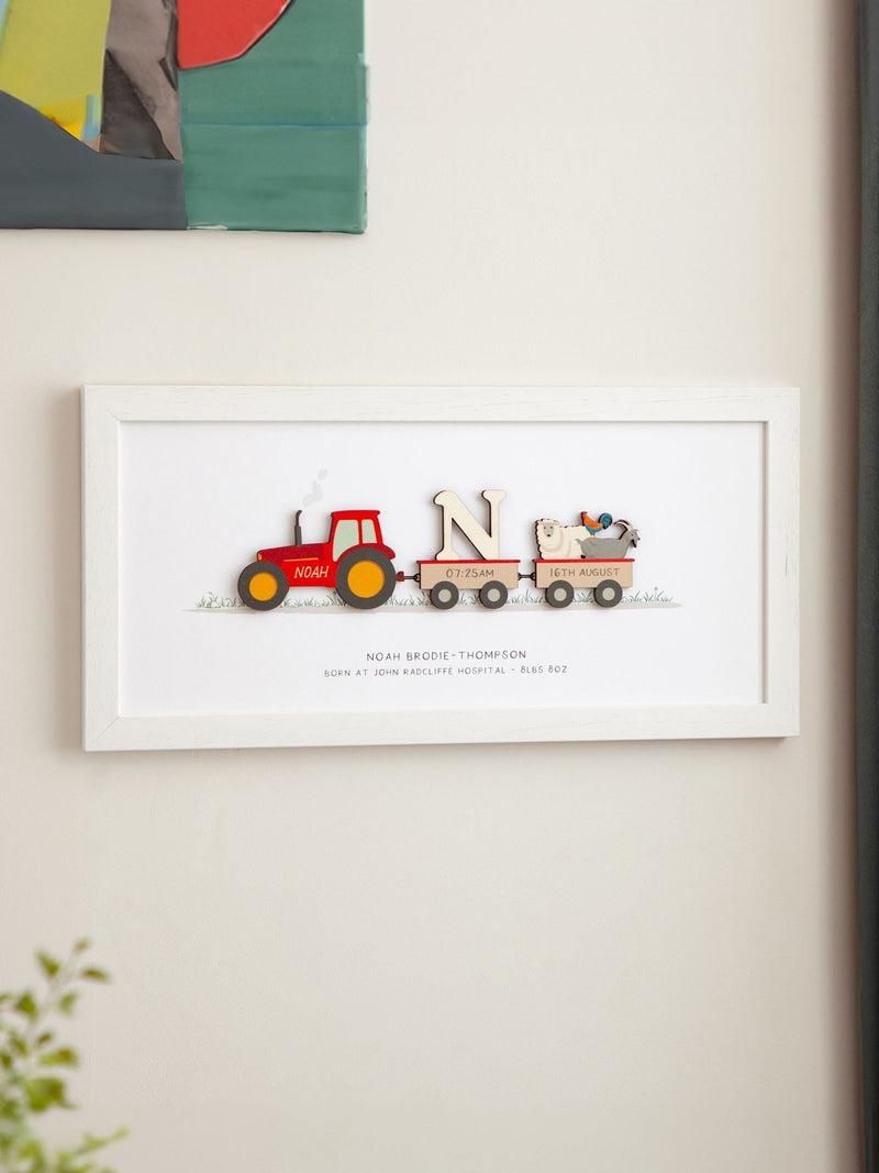 No Ordinary Gift personalised wooden tractor print baby gift 18x40cm, imported from the UK