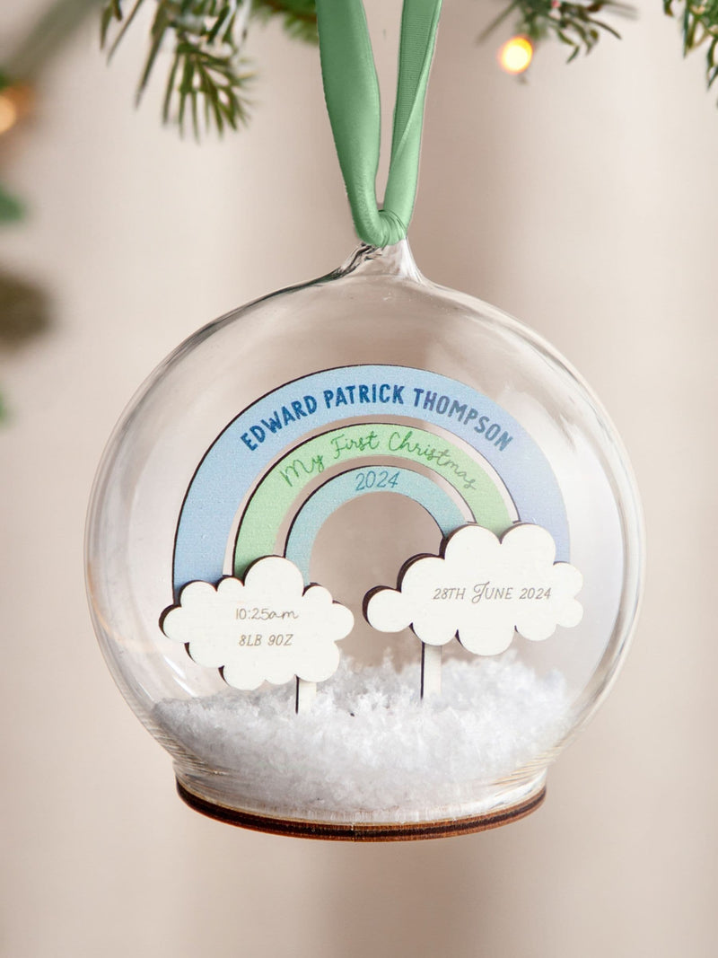 No Ordinary Gift personalised rainbow baby Christmas bauble 10x10cm (British brand)