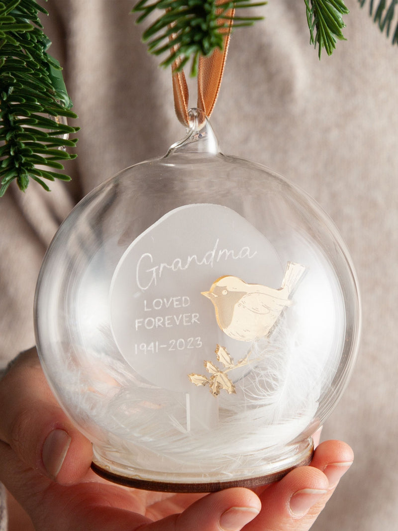 No Ordinary Gift memorial bauble with golden mirror robin (British brand)