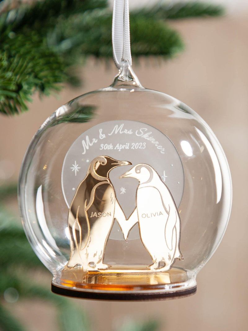 No Ordinary Gift personalised couples penguin Christmas bauble 10cm, UK version