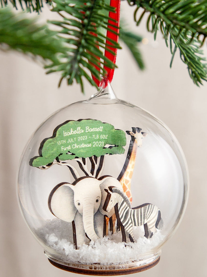No Ordinary Gift personalised safari animals bauble 10cm, imported from the UK