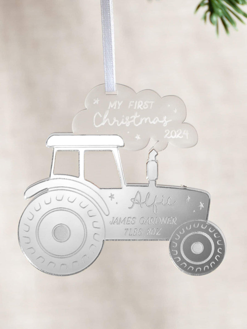 No Ordinary Gift personalised tractor first Christmas decoration, UK version