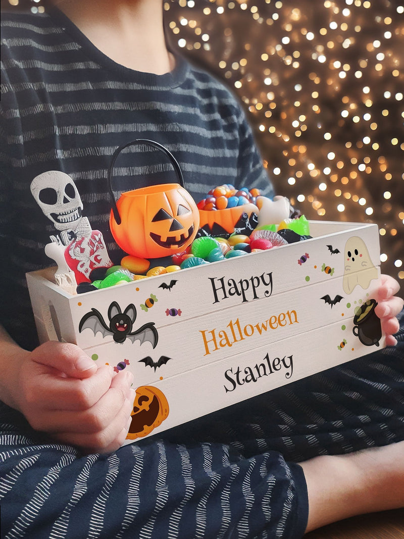 PMC personalised Halloween wooden treats crate, British brand