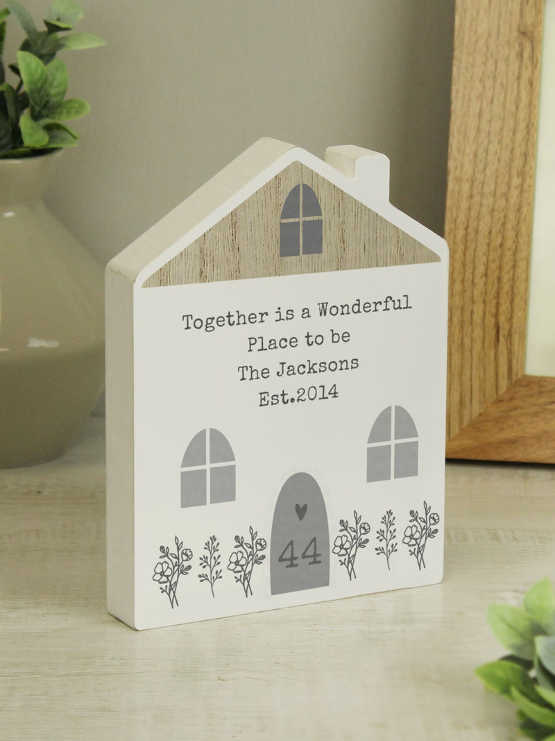 PMC personalised grey wooden house ornament 17.5cm tall, imported from the UK