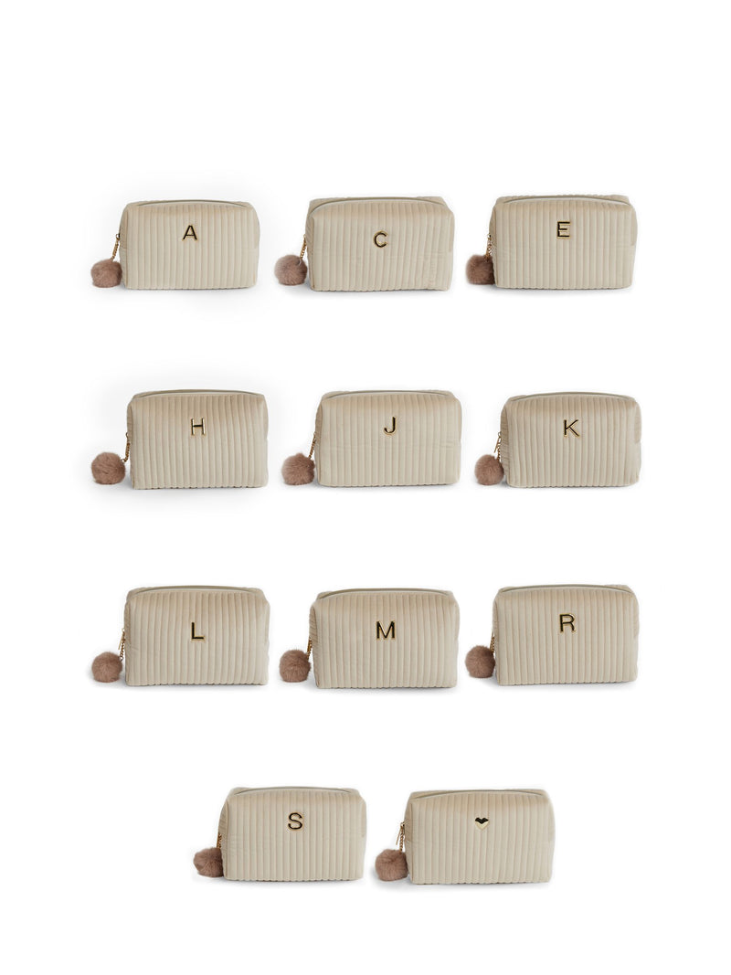 Personalised alphabet makeup bag in ribbed velvet, imported from the UK