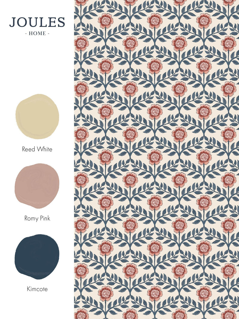 Joules Stately Floral wallpaper sample in cream blue, A4 - British product