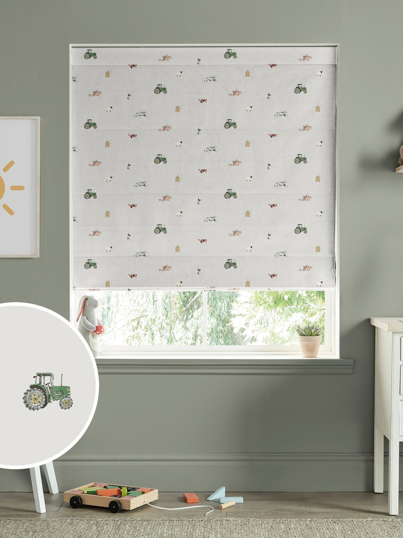 Sophie Allport On the Farm Roman blind in soft grey, UK version