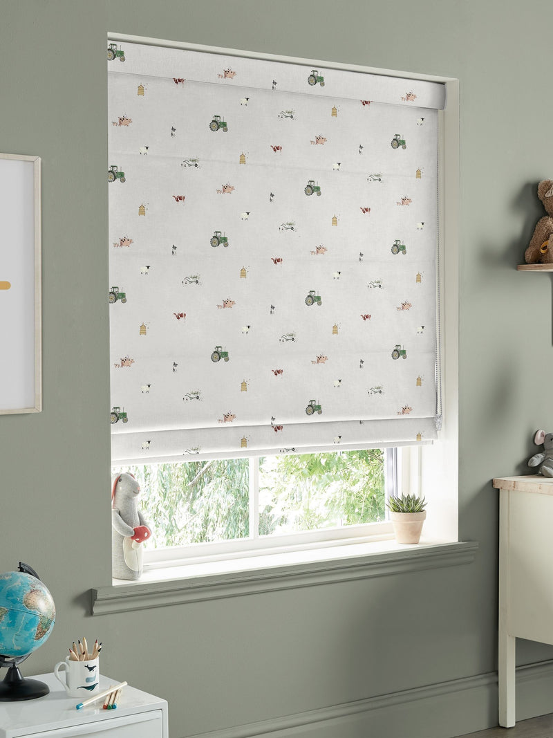 Sophie Allport On the Farm Roman blind in soft grey, UK version