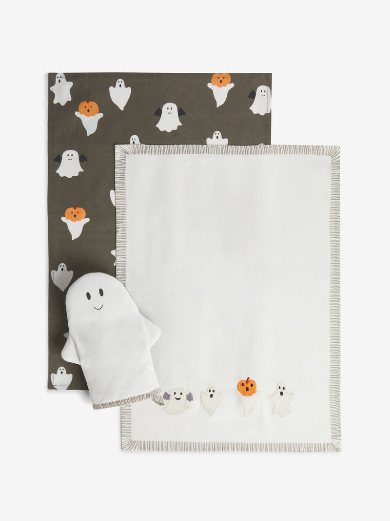 Gus the Ghost black and white tea towel oven mitt bundle (British brand)