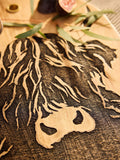 Wooden serving board with Hamish the Highland Cow design 27x34cm, imported from the UK