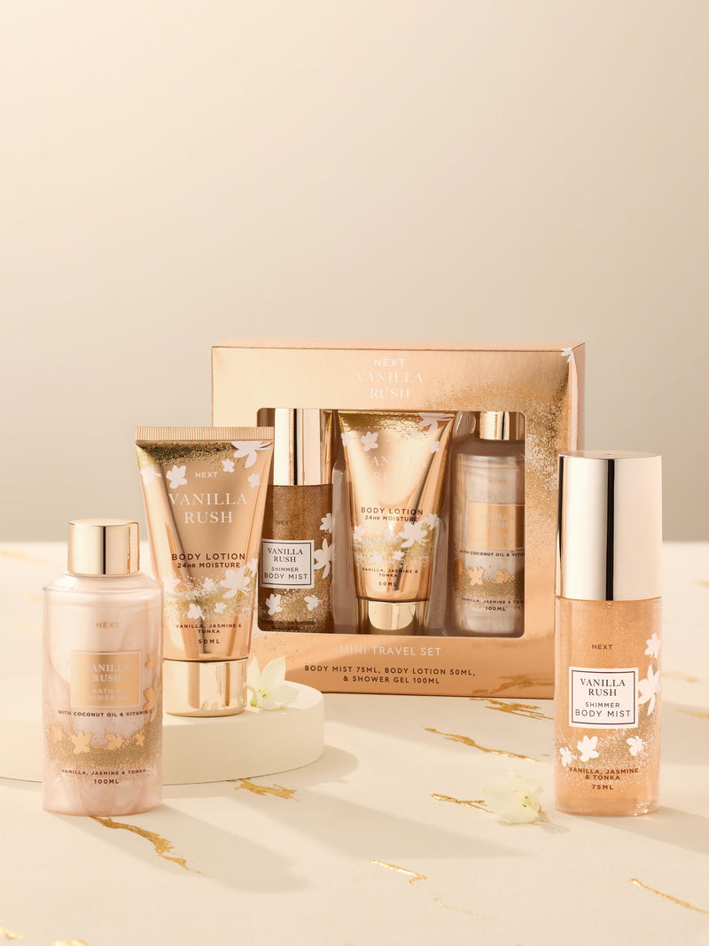 Vanilla Rush travel bath and body gift set with 50ml body mist, 50ml lotion, and 100ml shower gel (British brand)