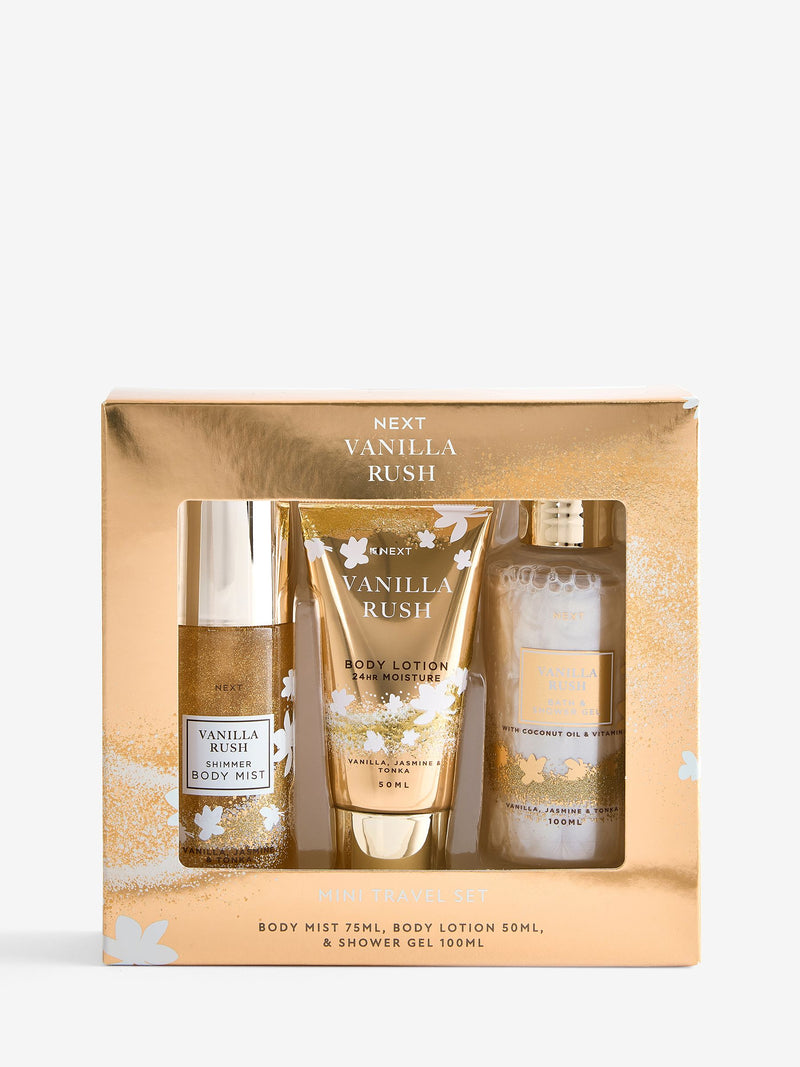 Vanilla Rush travel bath and body gift set with 50ml body mist, 50ml lotion, and 100ml shower gel (British brand)