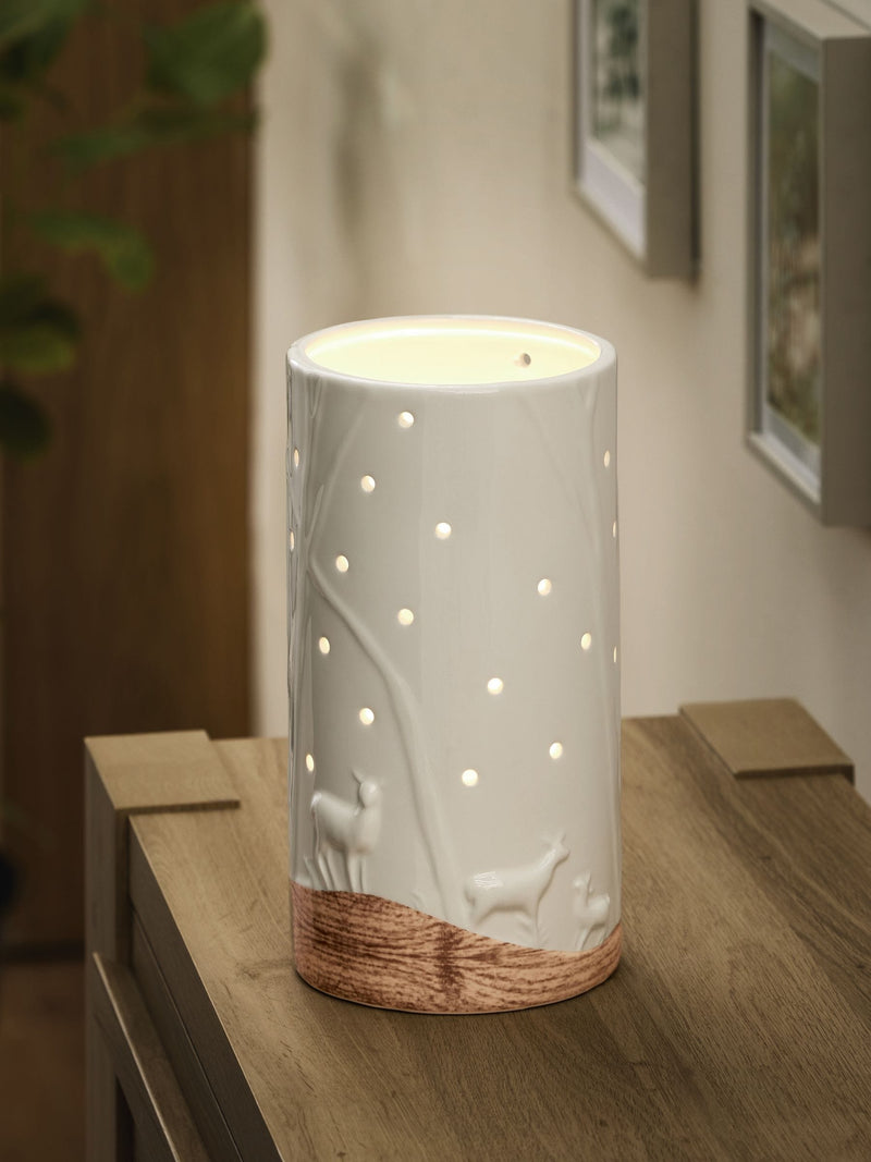 White ceramic woodland scene hurricane candle holder 22.5cm height (British brand)