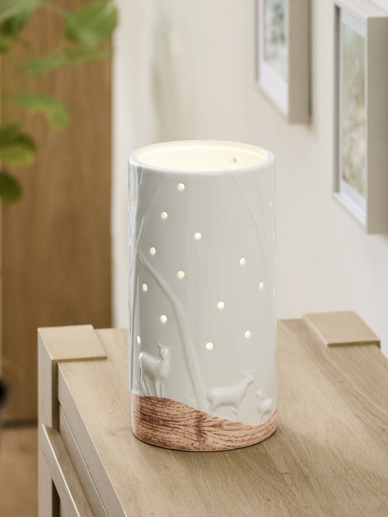 White ceramic woodland scene hurricane candle holder 22.5cm height (British brand)