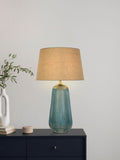 Searchlight Azure table lamp blue glass base linen shade, UK version