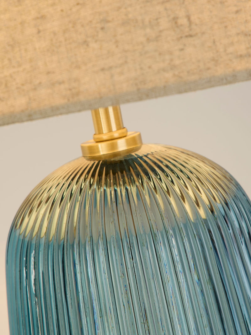 Searchlight Azure table lamp blue glass base linen shade, UK version