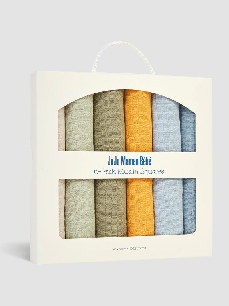 JoJo Maman Bébé 6-pack muslin squares rainbow colours 60x60cm, imported from the UK