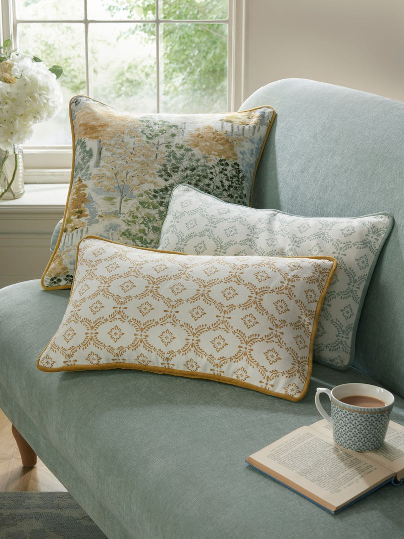 Laura Ashley yellow ochre cotton cushion with plush pad, imported from the UK