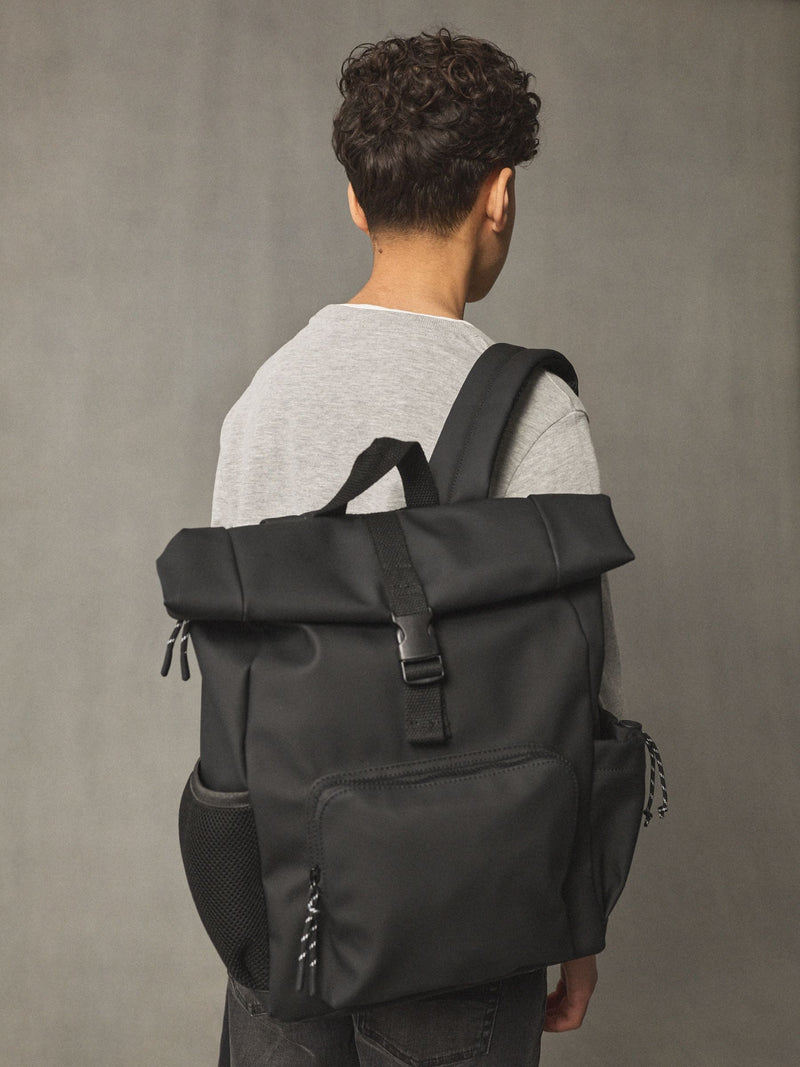 Black roll top backpack polyurethane construction - British product