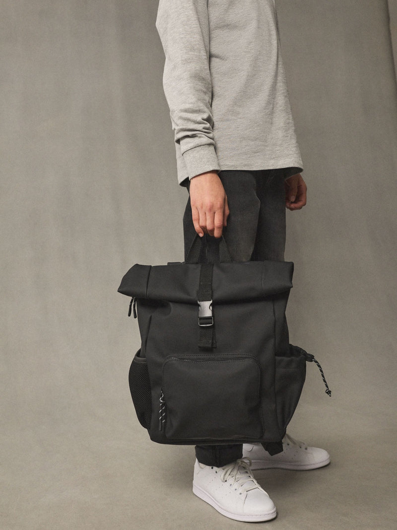 Black roll top backpack polyurethane construction - British product