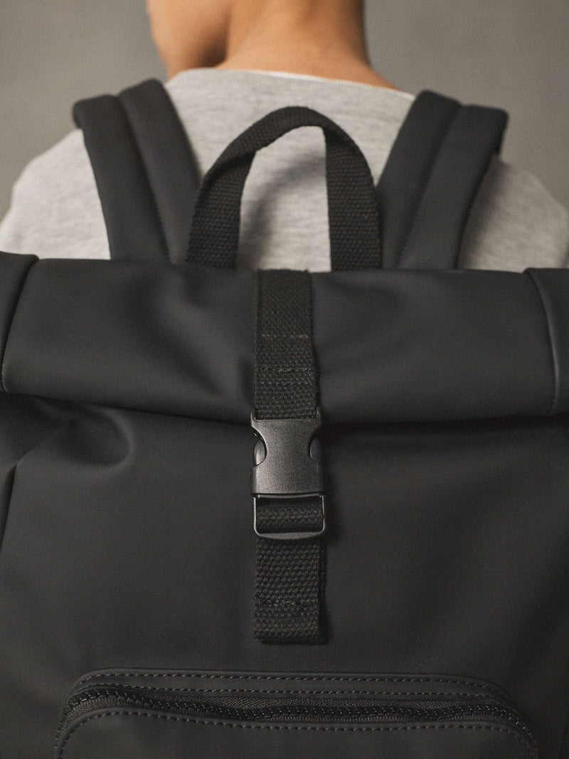 Black roll top backpack polyurethane construction - British product