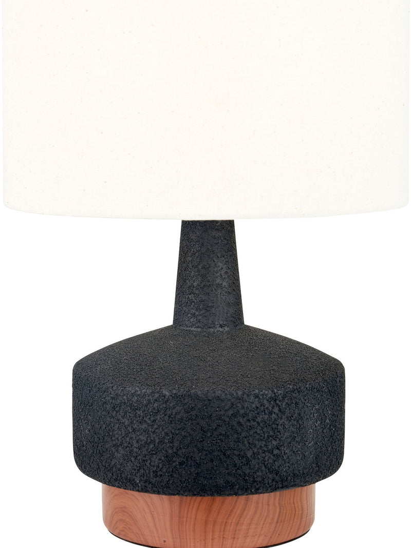 Pacific black wood effect ceramic table lamp with white shade, UK version