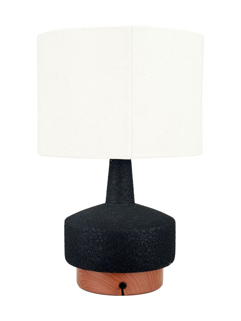 Pacific black wood effect ceramic table lamp with white shade, UK version