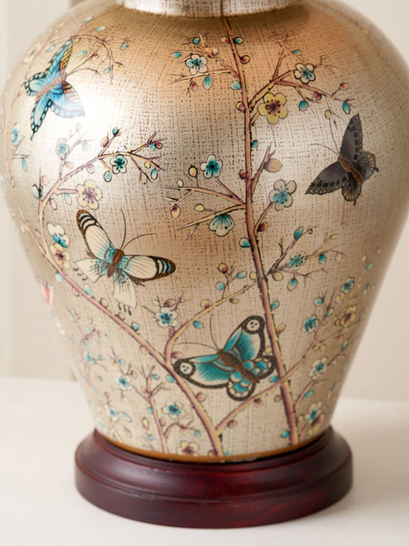 Pacific Gold butterfly ceramic table lamp with tapered shade (British brand)