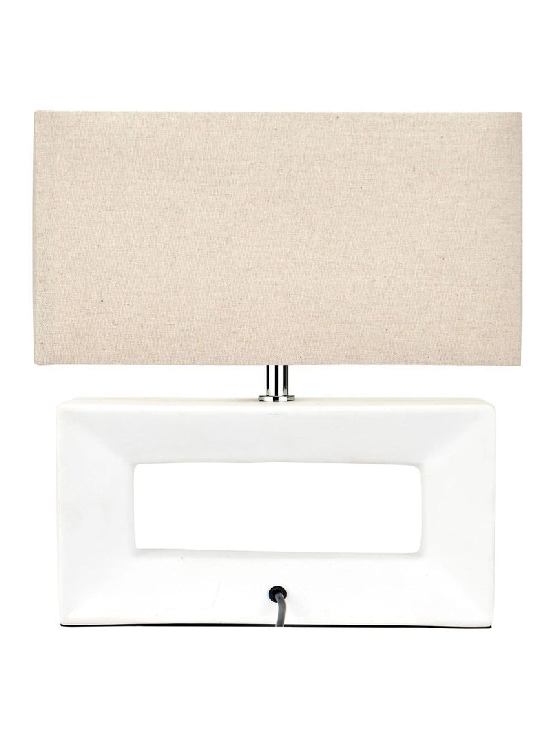 White ceramic rectangular table lamp with linen shade - British product