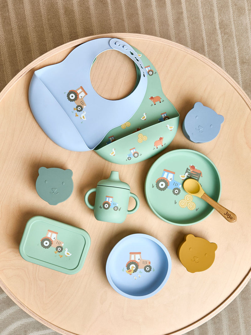 JoJo Maman Bébé silicone mealtime set tractor print, UK version