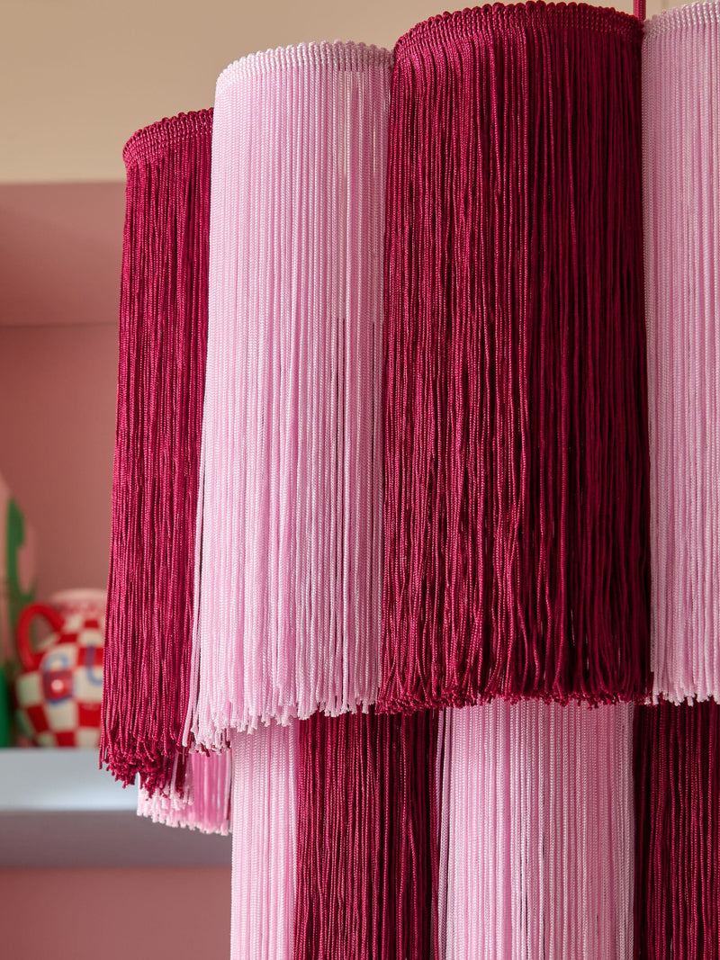 Eleanor Bowmer red pink scalloped tassel pendant light, imported from the UK