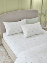 White Sage Green Floral 100% Cotton Fitted Sheet and Pillowcase Set for Single Bed