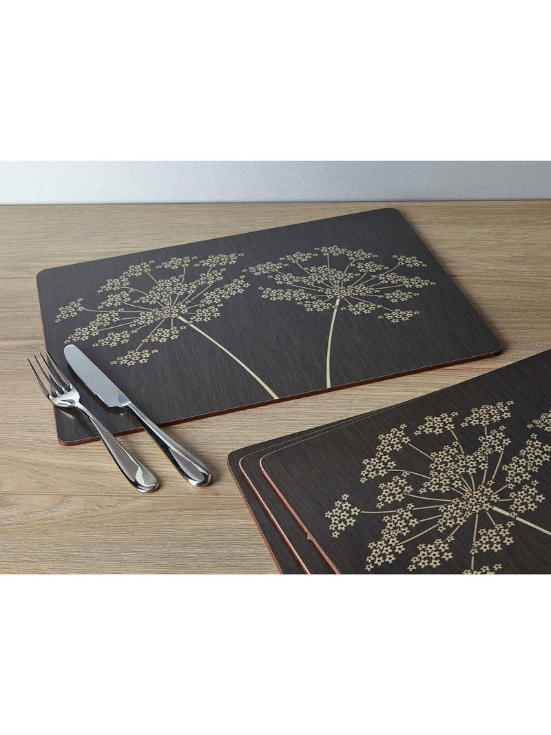 Black large cork backed placemats set with floral art - British product