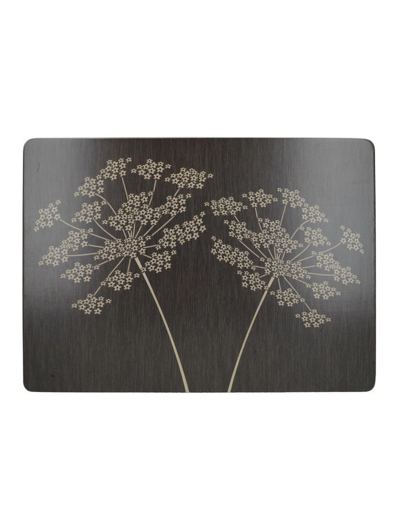 Black large cork backed placemats set with floral art - British product