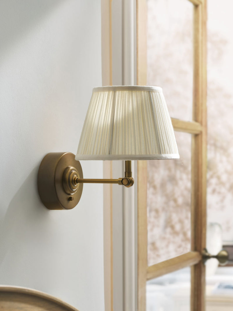 Twyford rechargeable wall light antique brass fabric shade, imported from the UK