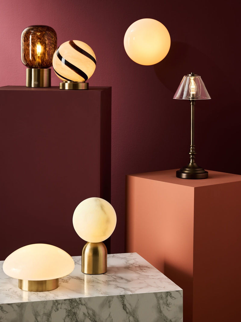 Brass Ebro rechargeable table lamp with faux alabaster shade, imported from the UK