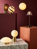 Brass Ebro rechargeable table lamp with faux alabaster shade, imported from the UK