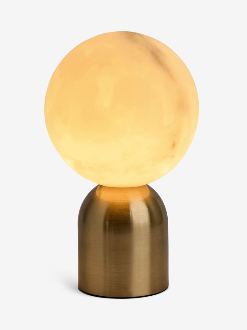Brass Ebro rechargeable table lamp with faux alabaster shade, imported from the UK