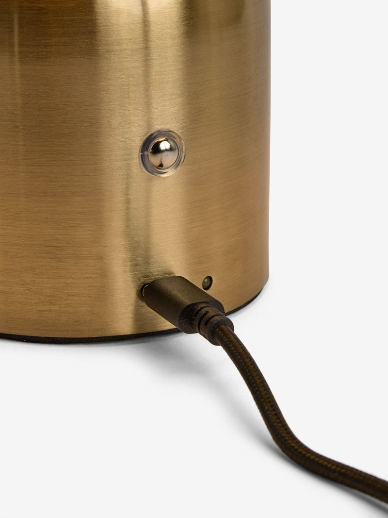 Brass Ebro rechargeable table lamp with faux alabaster shade, imported from the UK
