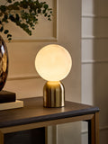 Brass Ebro rechargeable table lamp with faux alabaster shade, imported from the UK