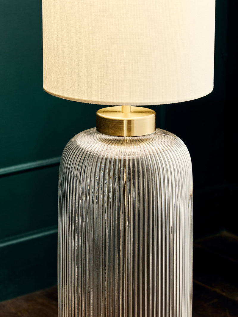 Lexington Brass Floor Lamp with ribbed glass base, imported from the UK