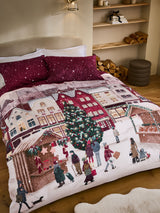 Red Town Scene Festive Christmas Reversible Duvet Cover and Pillowcase Set