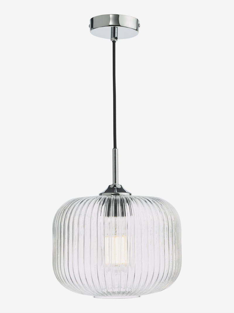Dar Lighting Demarius ribbed glass pendant light, imported from the UK
