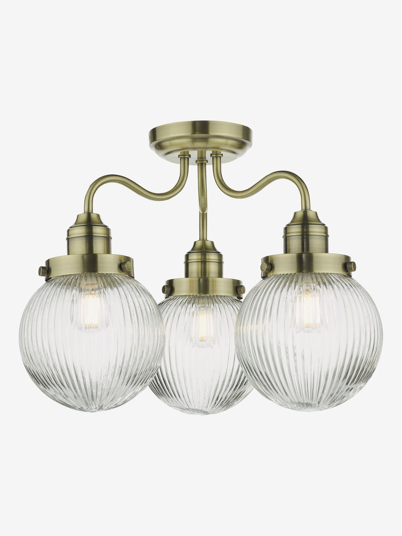 Dar Lighting Tamara antique brass ribbed glass ceiling light, UK version