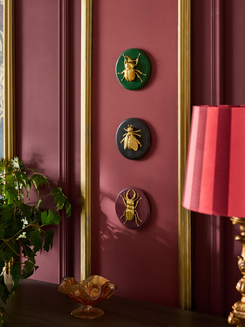 Laurence Llewelyn-Bowen 3-piece burgundy green black insect wall plaques, UK version