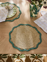 Nina Campbell Teal Blue Woven Seagrass Placemats Set of 2, 38cm Diameter