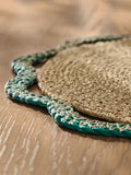 Nina Campbell teal blue woven seagrass placemats set of 2 38cm diameter, imported from the UK