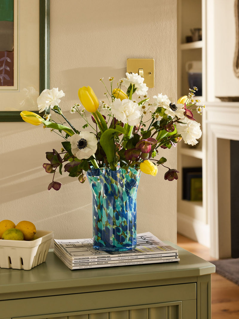 Nina Campbell teal blue fluted confetti glass vase, imported from the UK
