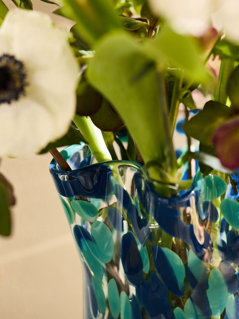 Nina Campbell teal blue fluted confetti glass vase, imported from the UK